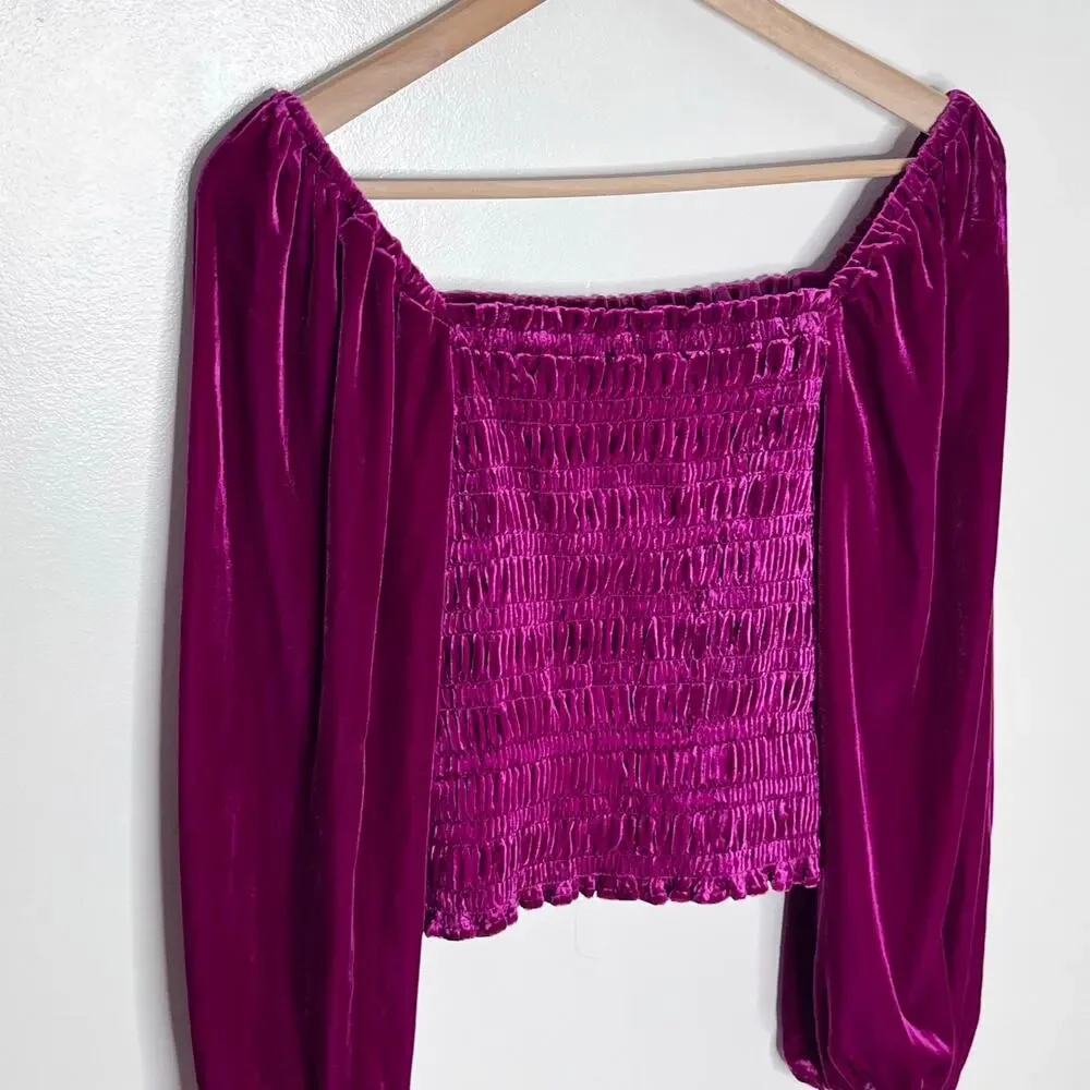 Anthropologie Velvet Smocked Puff Sleeve Crop Top XS